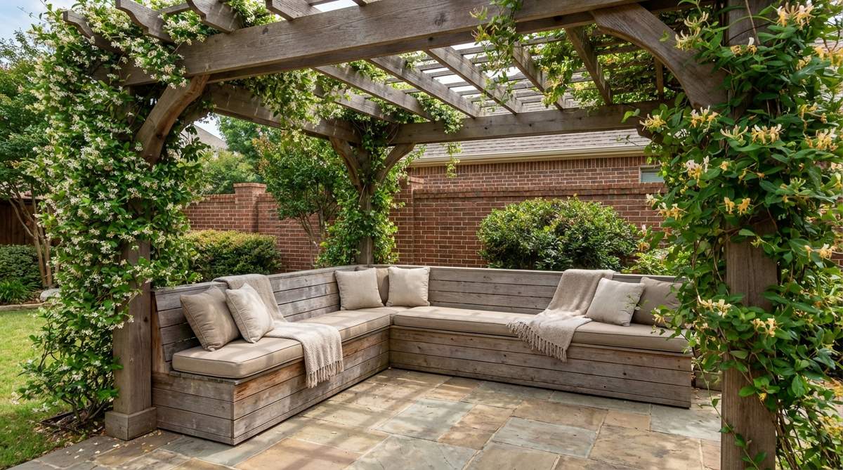 A custom L-shaped bench with an overhead pergola creates an intimate seating area for 3-4 people in a small garden corner. The pergola supports climbing plants like jasmine or honeysuckle, providing shade, fragrance, and privacy in urban garden settings.