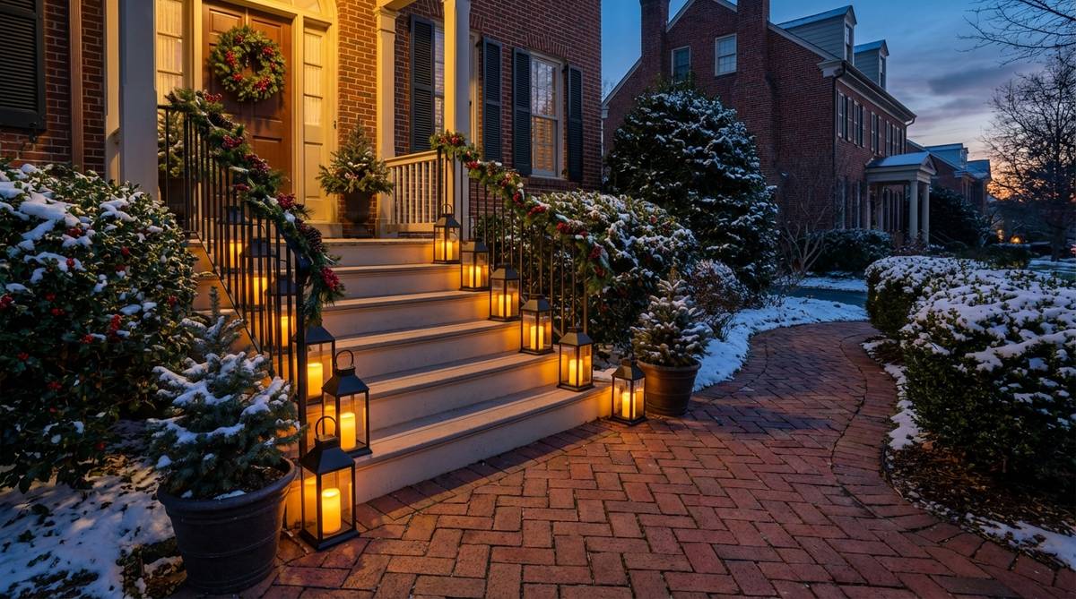 A festive Christmas outdoor decor setup featuring matching lanterns positioned on each step, creating an illuminated path that guides visitors with vertical rhythm and enhances safety during evening gatherings. The lanterns use battery-operated LED candles rated for outdoor use with timer functions for automatic activation at dusk.