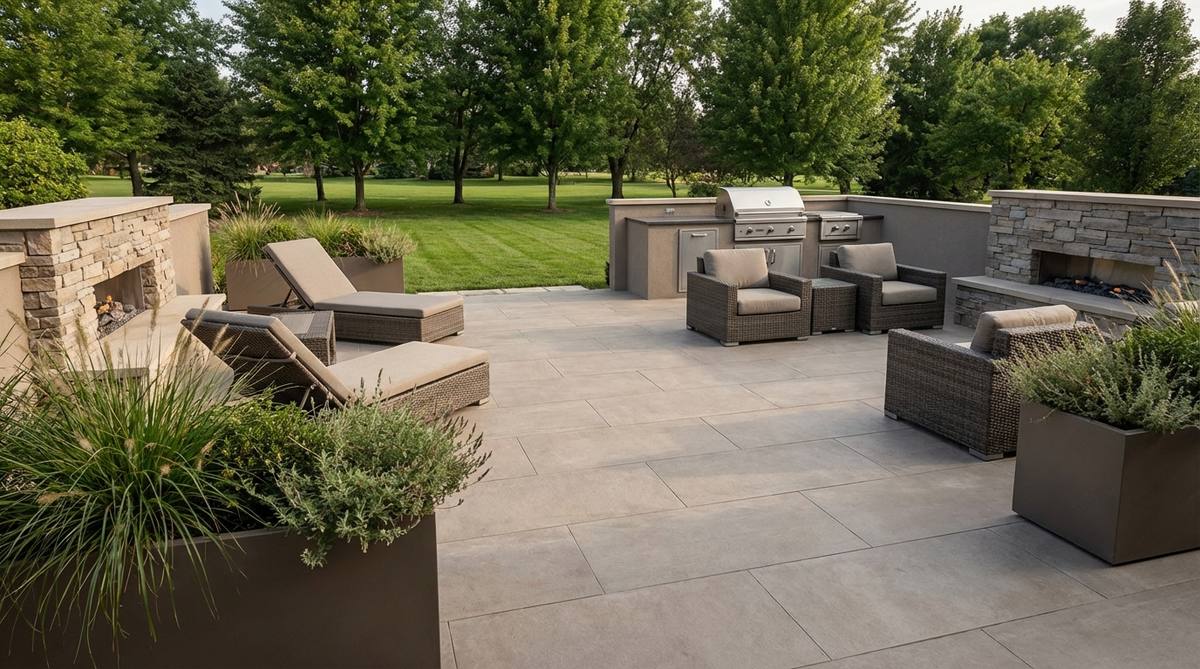An image showcasing large format porcelain slabs in a terrace garden setting, highlighting their sleek contemporary design, durability against staining and temperature extremes, and minimal grout lines for a streamlined aesthetic.