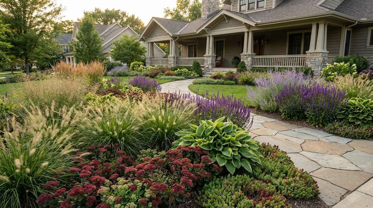 A front yard garden showcasing layered naturalistic planting with drifts of repeated plant species in irregular, overlapping masses. Features contrasting textures including bold architectural foliage paired with soft wispy grasses, and mound-forming sedums alongside upright salvias, demonstrating an organic, self-sustaining aesthetic that mimics wild landscapes.