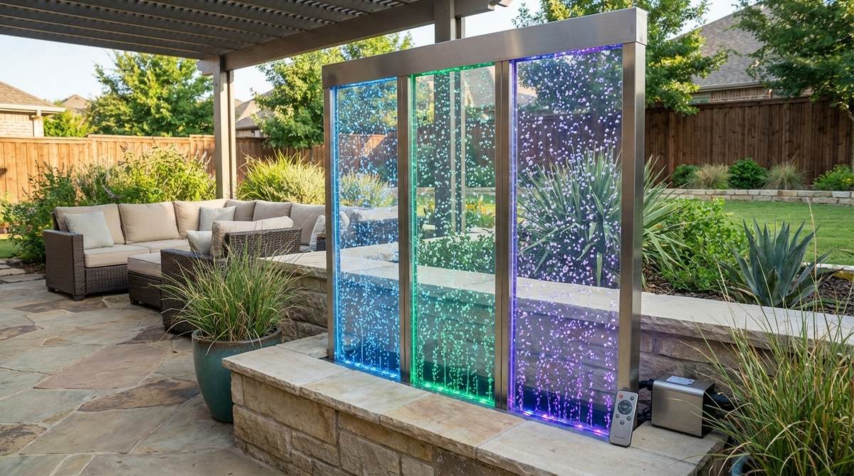 A contemporary garden fountain featuring vertical acrylic or glass panels filled with water, where rising bubbles are illuminated by dynamic, color-changing LEDs. The adjustable pump controls allow for varied bubble sizes and frequencies, creating a mesmerizing visual effect. This architectural installation serves as a striking room divider or standalone wall feature in outdoor living spaces, enhanced by remote-controlled lighting patterns for a multi-sensory experience.