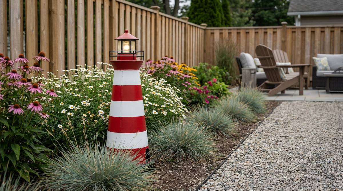 A miniature lighthouse sculpture in painted metal or resin, featuring red-and-white or white-and-navy striped patterns, designed for garden beds and pathway edges. This solar-powered LED lighthouse lantern post provides functional illumination, reinforcing a coastal theme in outdoor decor for summer, with weatherproof finishes for durability.