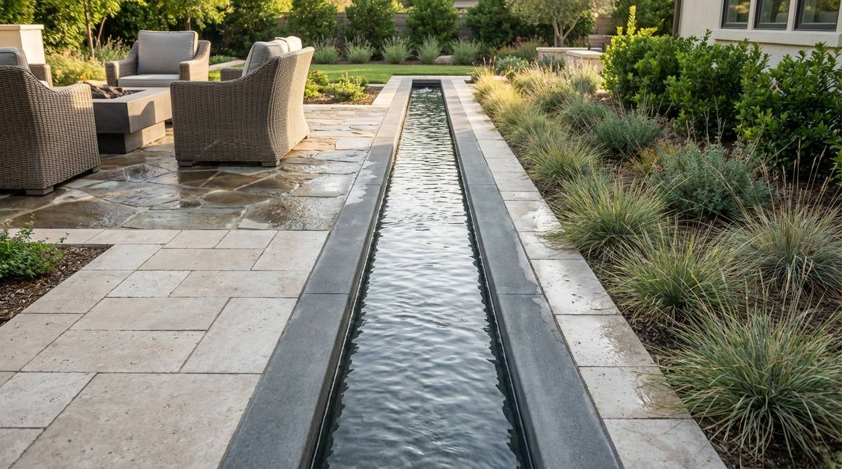A narrow water channel carved into paving or set as a separate element, made from stainless steel, stone, or concrete, with precise dimensions of four to eight inches wide. It guides water movement along a defined linear path, creating auditory and visual interest through controlled geometry, and serves as a pathway border or terrace divider in modern garden decor.
