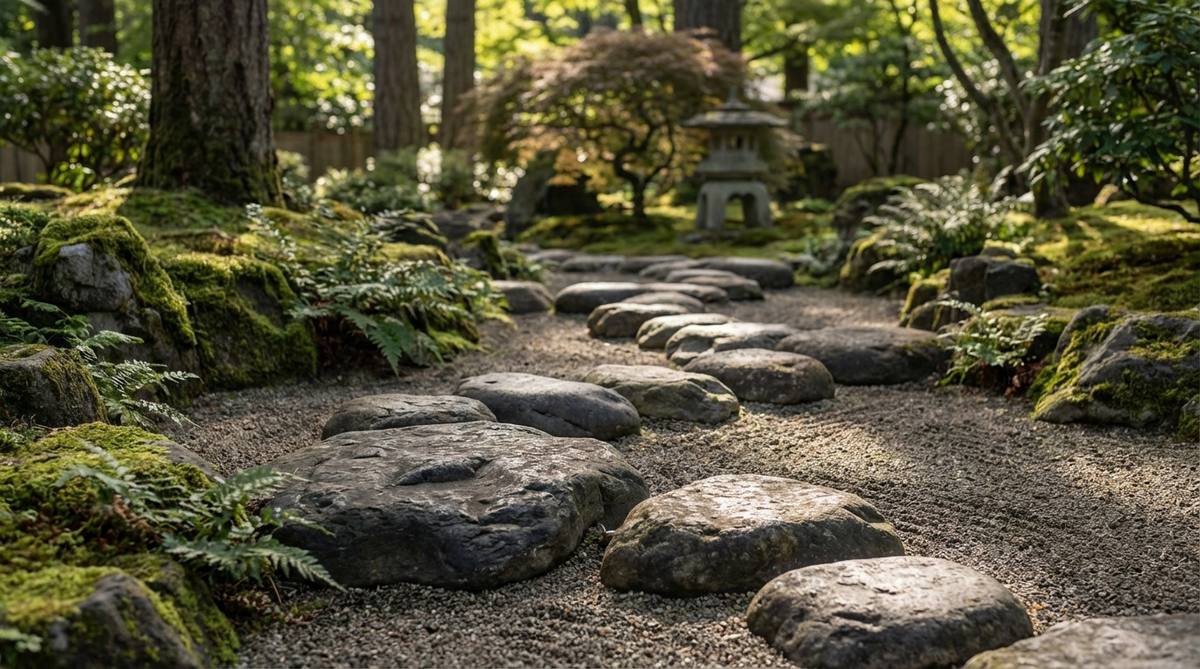 A close-up view of stones arranged in a gentle curve across a flat surface in a Japanese Zen garden, demonstrating directional flow and natural spacing. The composition guides the viewer's eye through the garden, creating dynamic energy with static materials while avoiding mechanical regularity.
