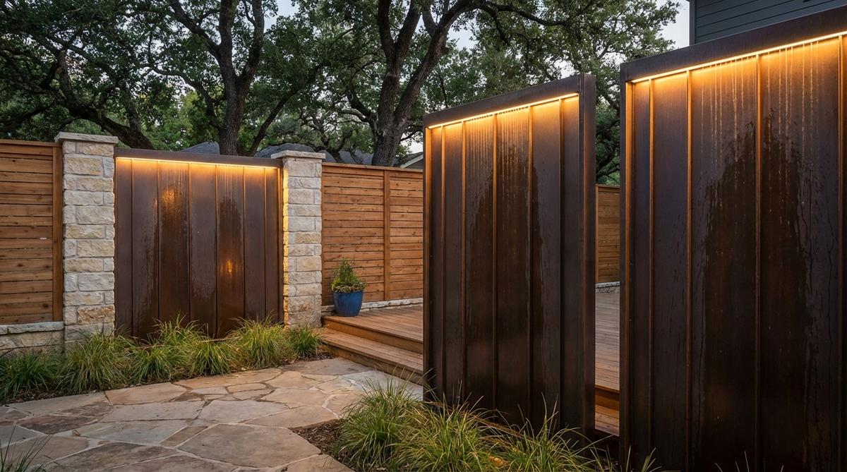 Sleek vertical panels of stainless steel or darkened copper create modern rain curtains for outdoor spaces. Water flows down smooth surfaces, providing privacy screening and catching light. Integrated into fencing systems or as freestanding dividers with optional LED backlighting for dramatic nighttime illumination.