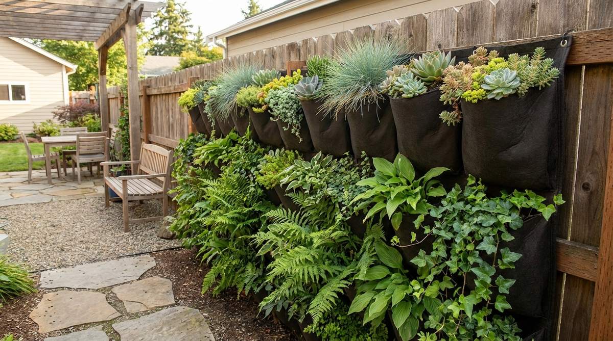 A vertical garden system with modular pocket planters mounted on a small garden fence, featuring drought-tolerant plants in upper pockets and moisture-loving species below, creating a lush green wall that provides insulation and transforms the fence into a living tapestry.