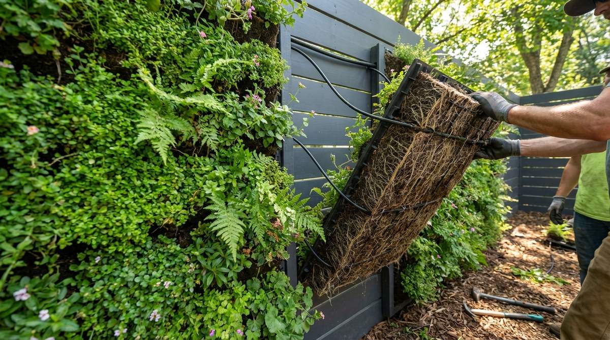 A close-up view of pre-grown vegetated panels being installed on a contemporary garden fence, showing the modular design with established root systems and integrated irrigation. The lush green coverage creates an instant living wall effect with native groundcovers and ferns.