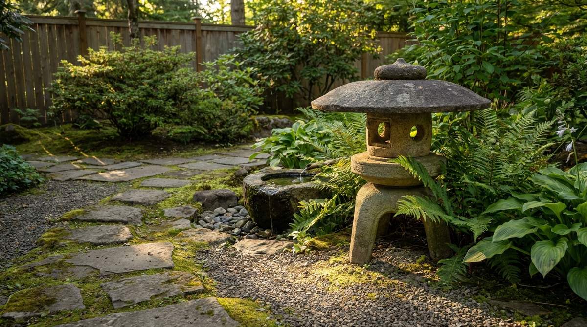 A traditional Japanese tea garden lantern, standing 50-90 cm tall, positioned along a narrow roji path. The low-profile design focuses light on the immediate ground surface to guide footsteps without illuminating distant views. Installed at path intersections or beside water basins to encourage mindful movement and attention to immediate surroundings.