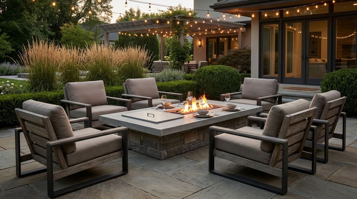 Contemporary garden setting featuring deep low-slung lounge chairs arranged around a dual-purpose fire pit table with a removable cover insert. The chairs have wide seats with supportive cushions, creating a clubby and relaxed atmosphere perfect for evening gatherings under string lights. This versatile setup functions as both a dining area and fireside lounge, extending outdoor use into cooler seasons.
