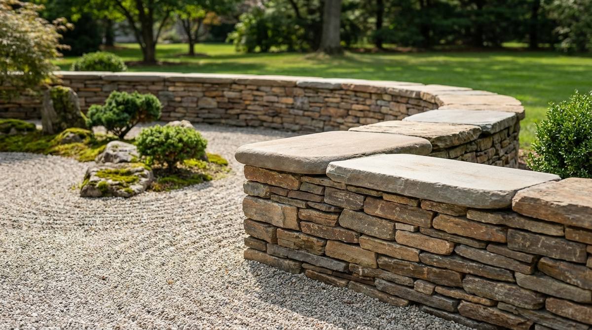 A 12 to 18-inch stacked stone wall that delineates the perimeter of a zen garden, providing a seat edge for meditation. Flat-topped stones invite users to pause and observe raking patterns from an elevated perspective. Built using dry-stack techniques without mortar to allow natural drainage and maintain rustic simplicity, with stones selected for consistent thickness for stable, level construction.