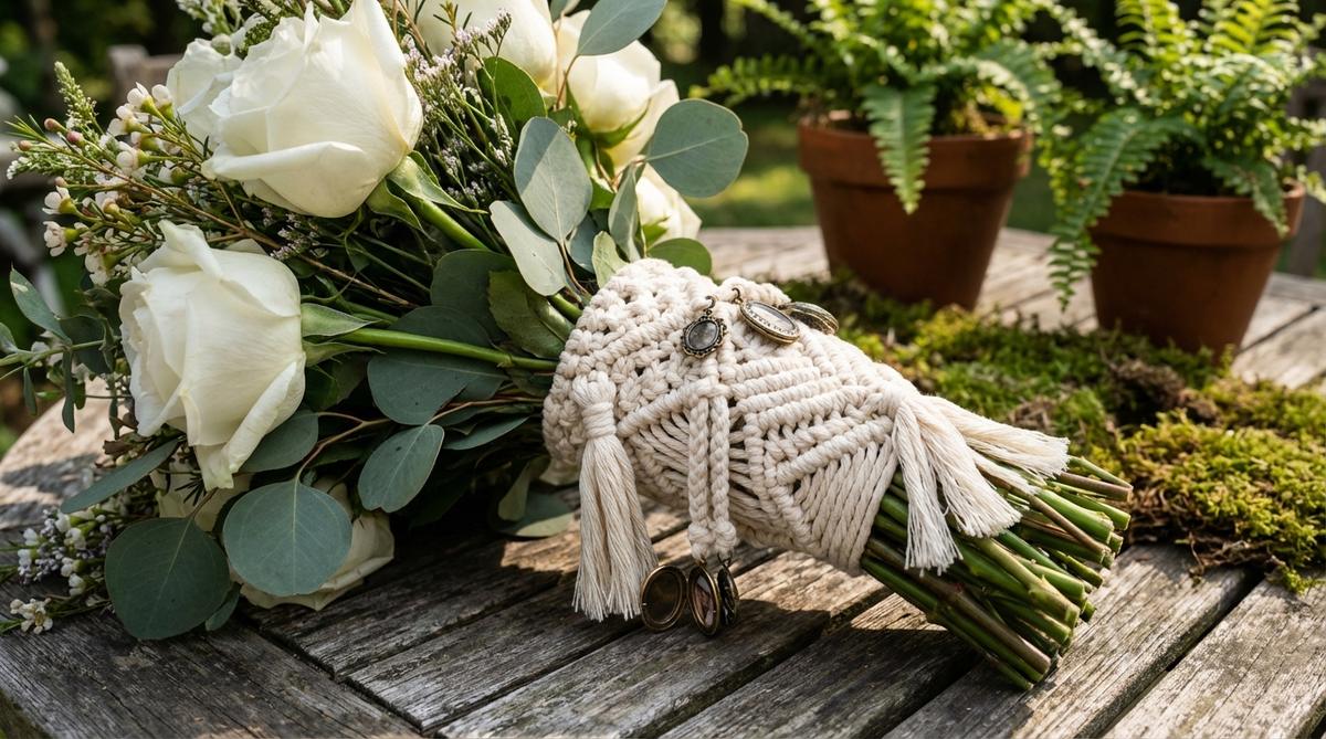 A close-up image showing custom macrame sheaths wrapped around the stems of a bridal bouquet, replacing standard ribbon. The macrame features intricate knots and small loops for attaching charms or photos, creating a cohesive boho wedding decoration that connects the bouquet to the venue décor. The image highlights the handmade texture and detailed craftsmanship, with soft lighting to enhance the natural and rustic aesthetic.