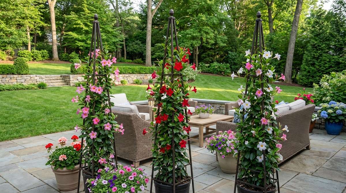 Three metal garden obelisks with climbing mandevilla vines in pink, red, and white flowers creating vertical accents for patio decor. The movable structures frame outdoor seating areas with vibrant spring blooms.