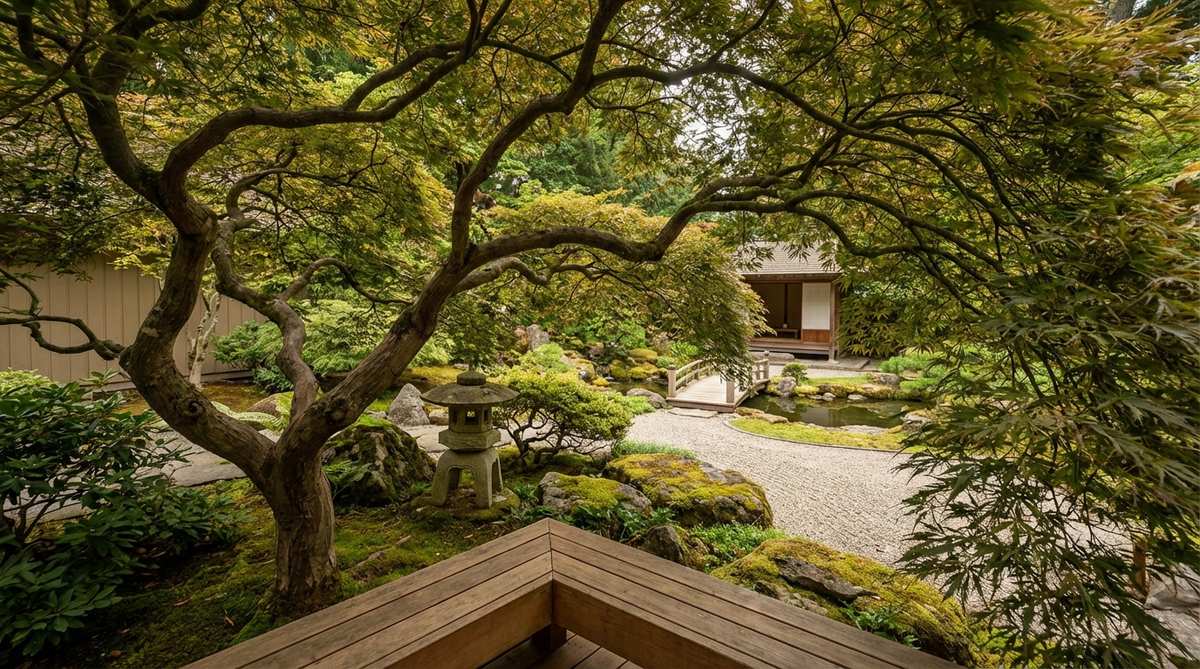 A Japanese garden design concept showing a maple tree strategically planted to frame views of other garden elements from primary viewing positions like decks or windows. The maple's branches create a natural picture frame, with selective pruning to open sight lines toward focal points while maintaining foliage to define the frame. This technique establishes foreground, middle ground, and background layers, adding depth and focus to the garden composition.