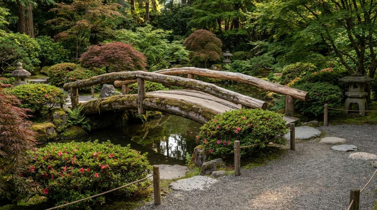 A Maruki-Bashi natural log bridge in a Japanese garden, showcasing minimally processed logs with preserved natural curves and character. The irregular form serves as a design asset, connecting the structure to organic growth patterns and creating harmony with nature.