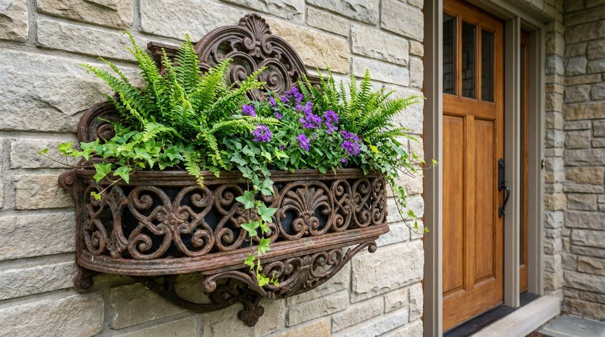 A decorative metal wall planter featuring ornamental scrollwork or Arts and Crafts-inspired metalwork, designed to hold live plants while serving as sculptural garden decor. Ideal for flanking doorways or windows to enhance architectural symmetry and balance.