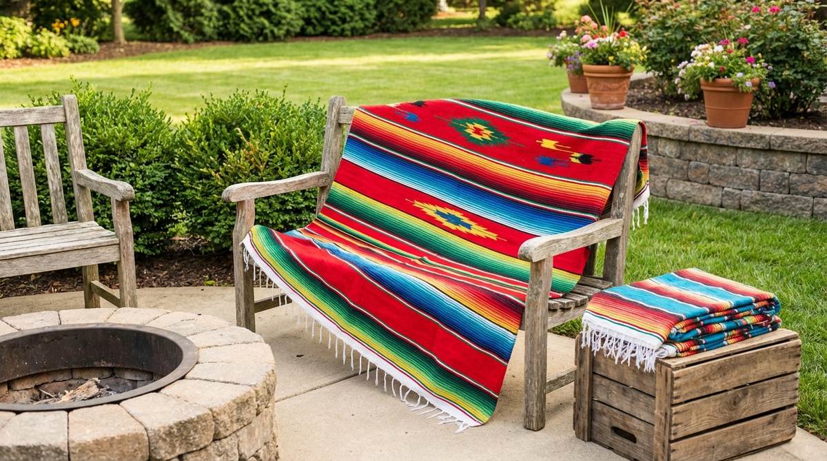 Vibrant Mexican serape blankets with bold stripes and traditional patterns, woven from acrylic or cotton blend, ideal for adding bohemian flair to vintage decor as throws, picnic blankets, or wall coverings.