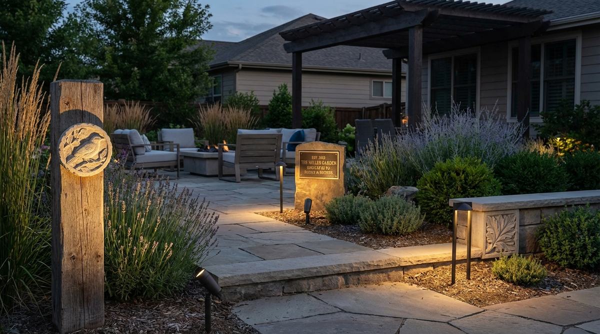 A modern garden lighting setup featuring micro-spot detail lights with narrow 5-8 degree beams, precisely illuminating small architectural ornaments such as carved details, decorative medallions, or commemorative plaques from a distance of 6-10 feet to create high-contrast emphasis without overwhelming the features.