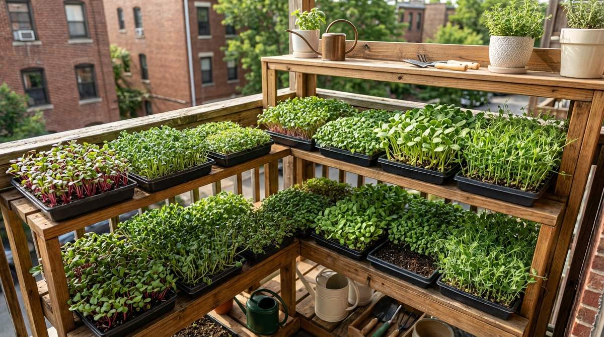 A three-tier shelf system on an urban balcony dedicated to growing microgreens in shallow trays. The setup shows dense plantings of radish, broccoli, sunflower, and pea shoots in a fine seed-starting mix, illustrating rapid harvest cycles for nutrient-dense greens in compact spaces.