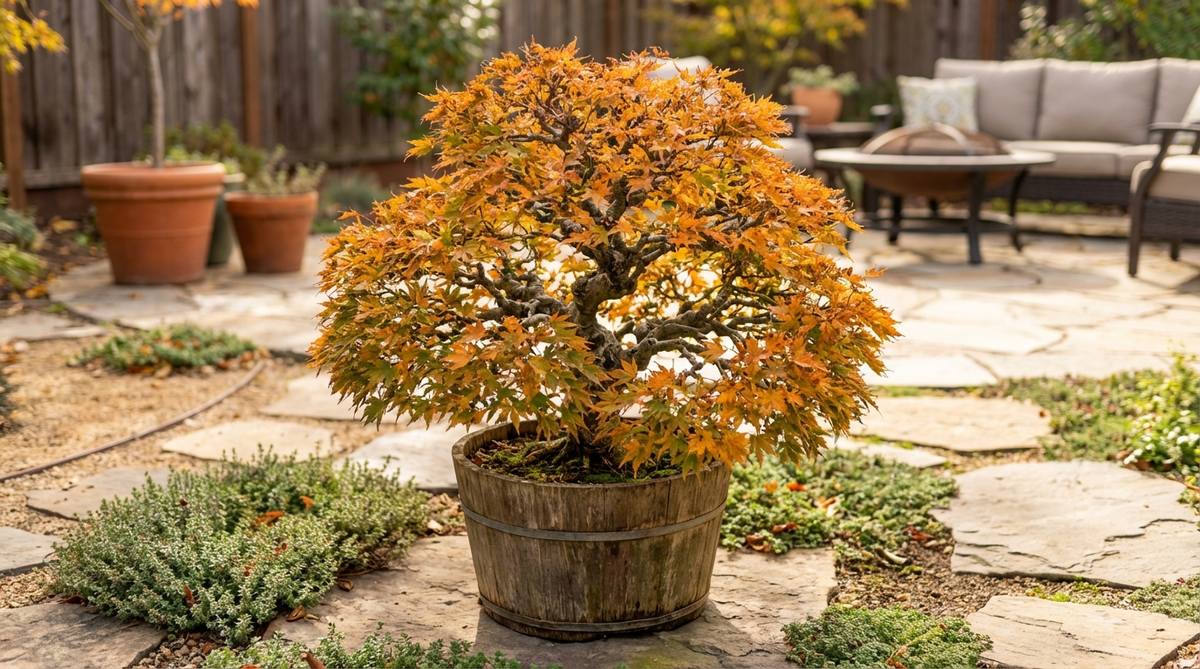 A close-up photo of a Mikawa Yatsubusa Japanese maple tree, showing its ultra-dwarf growth habit with dense, tightly clustered green leaves that create a natural bonsai-like appearance. The image highlights the refined branching pattern and miniature scale ideal for container gardens, trough gardens, or small courtyards, with fall foliage transitioning to orange-yellow shades.