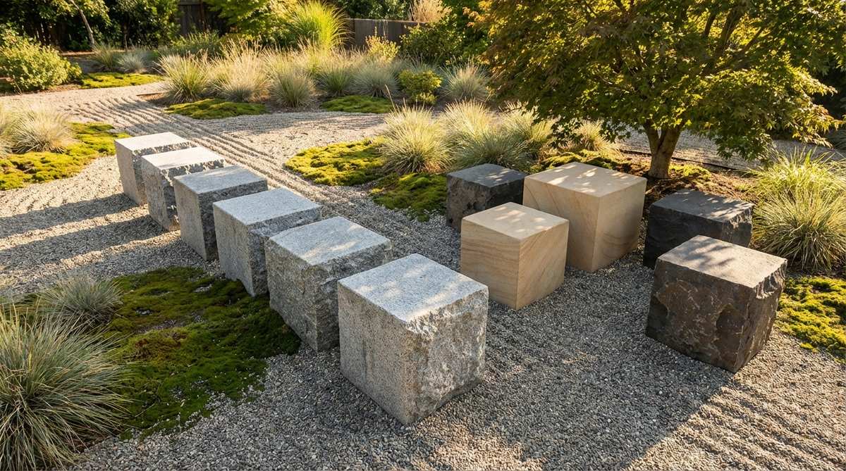 A minimalist stone cube installation in a zen garden, featuring simple geometric cubes arranged in thoughtful patterns that contrast with organic plant shapes. The cubes demonstrate how repetition and variation create visual interest from basic forms, with some arranged linearly to guide movement and others clustered for circular viewing. Different stone types within identical cube forms add subtle complexity, while the sculptures also function as practical seating elements.