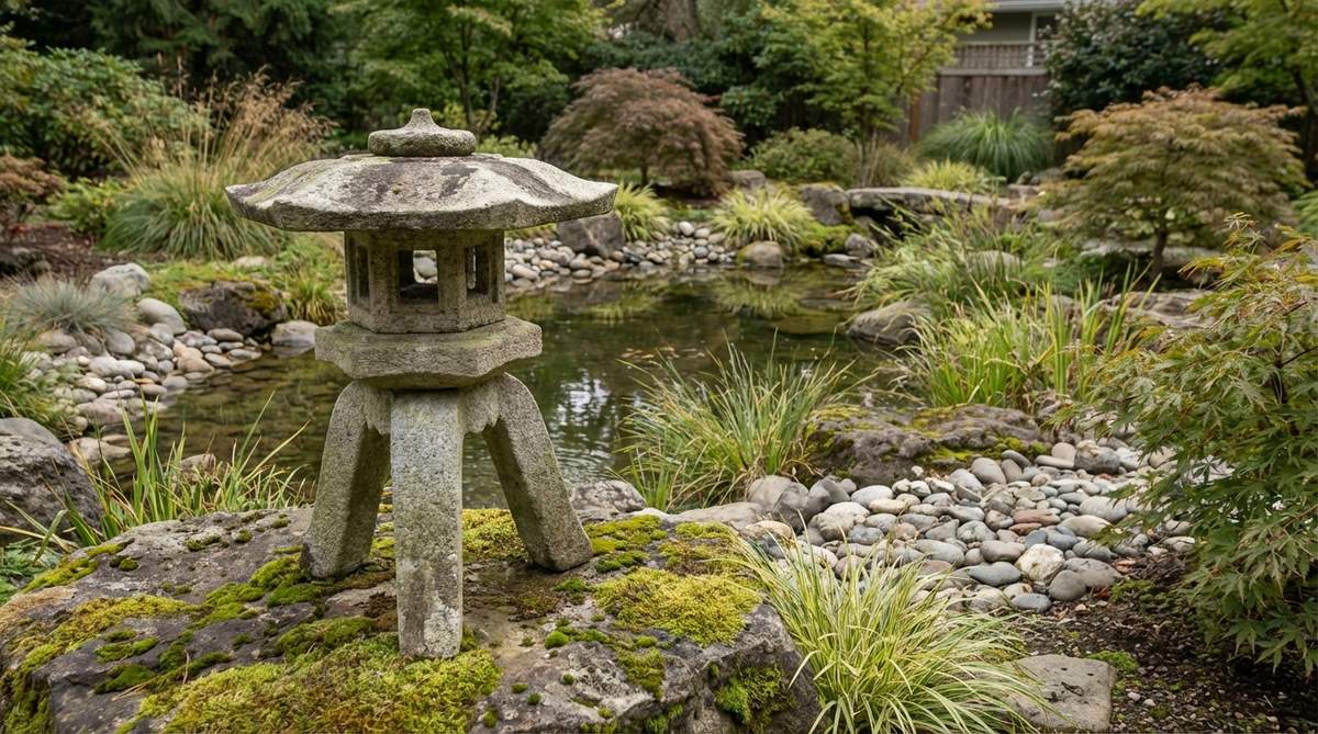 A Misaki Cape-Style Yukimi stone lantern with three legs of varying heights, creating an asymmetrical design that resembles wind-shaped coastal forms. This Japanese garden lantern is positioned to anchor exposed areas near ponds or garden overlooks, adding kinetic energy to water feature compositions.