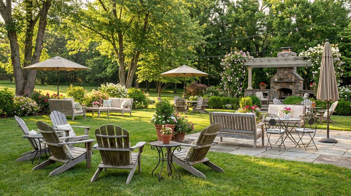 A garden party scene showing multiple small seating clusters with chairs, benches, and tables spaced throughout the outdoor area to encourage guest interaction and movement.