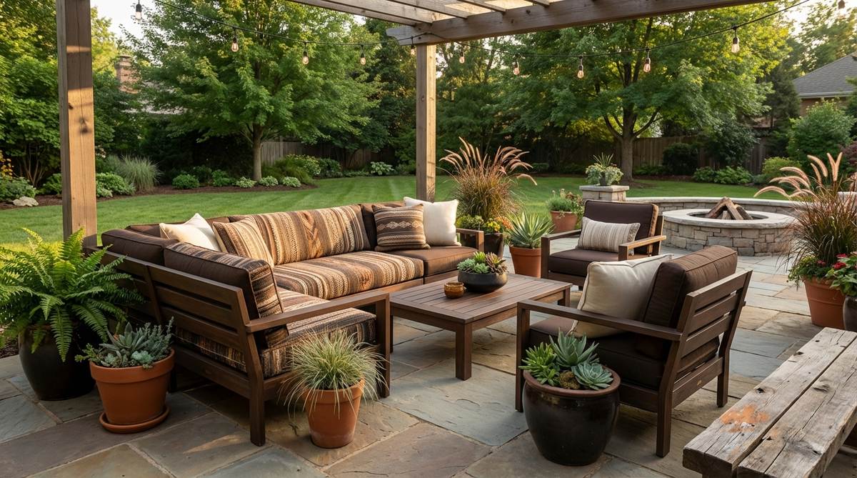 Dark wood furniture in chocolate and espresso tones for Afro Boho decor, featuring teak, acacia, or eucalyptus with rich brown finishes that weather gracefully outdoors and develop silver-gray patinas over time.