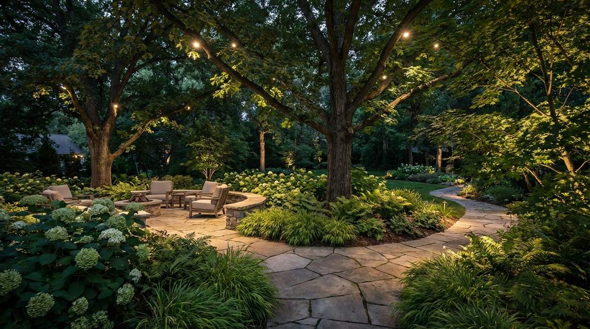 Downlights mounted high in tree branches simulate natural moonlight filtering through foliage, creating ambient illumination that feels organic rather than artificial. This cozy garden lighting technique works best with broad canopy trees where light diffuses through multiple layers of leaves, requiring professional installation for proper waterproofing and branch protection.