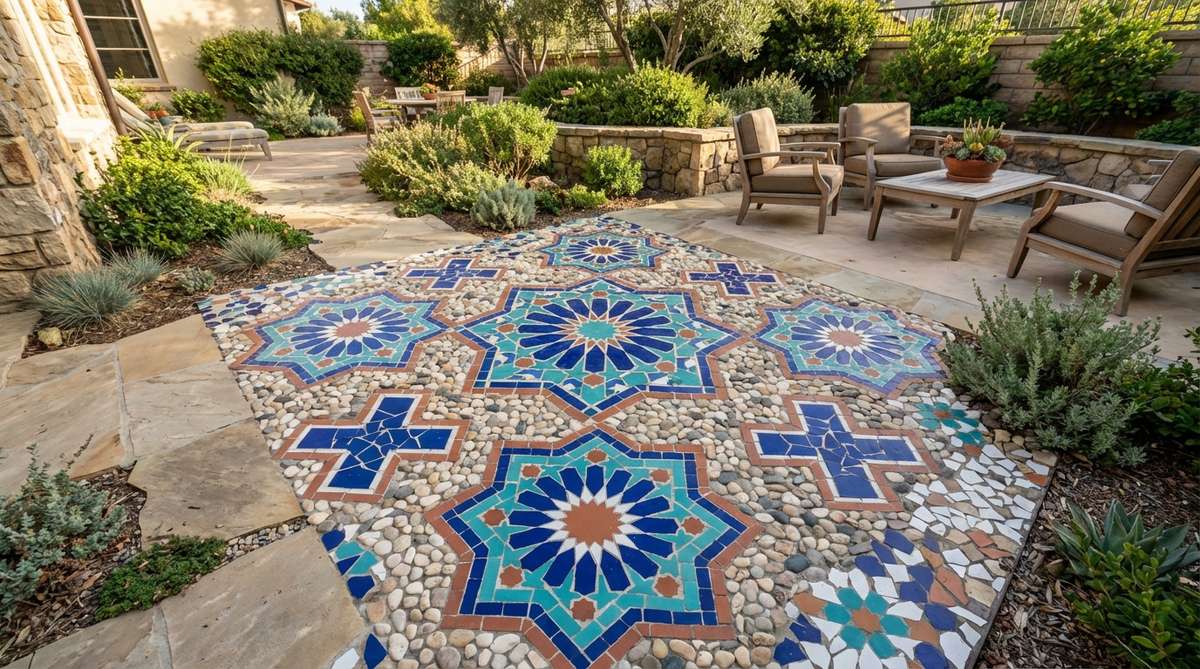 A detailed stone garden mosaic featuring Moroccan Zellige-inspired patterns with star and cross designs based on Islamic geometric traditions. The intricate ground cover uses broken ceramic tiles in jewel tones like cobalt blue, turquoise, white, and terra cotta combined with neutral pebbles, creating dense tessellations that add exotic sophistication to courtyard spaces.