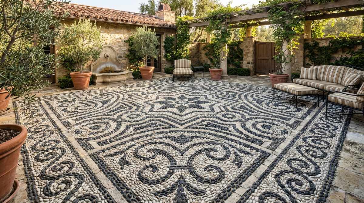 A traditional Mediterranean courtyard floor featuring intricate black and white river stone mosaic patterns set in sand-cement mortar. The geometric and organic designs showcase authentic craftsmanship that withstands decades of foot traffic while adding artistic elegance to garden spaces.