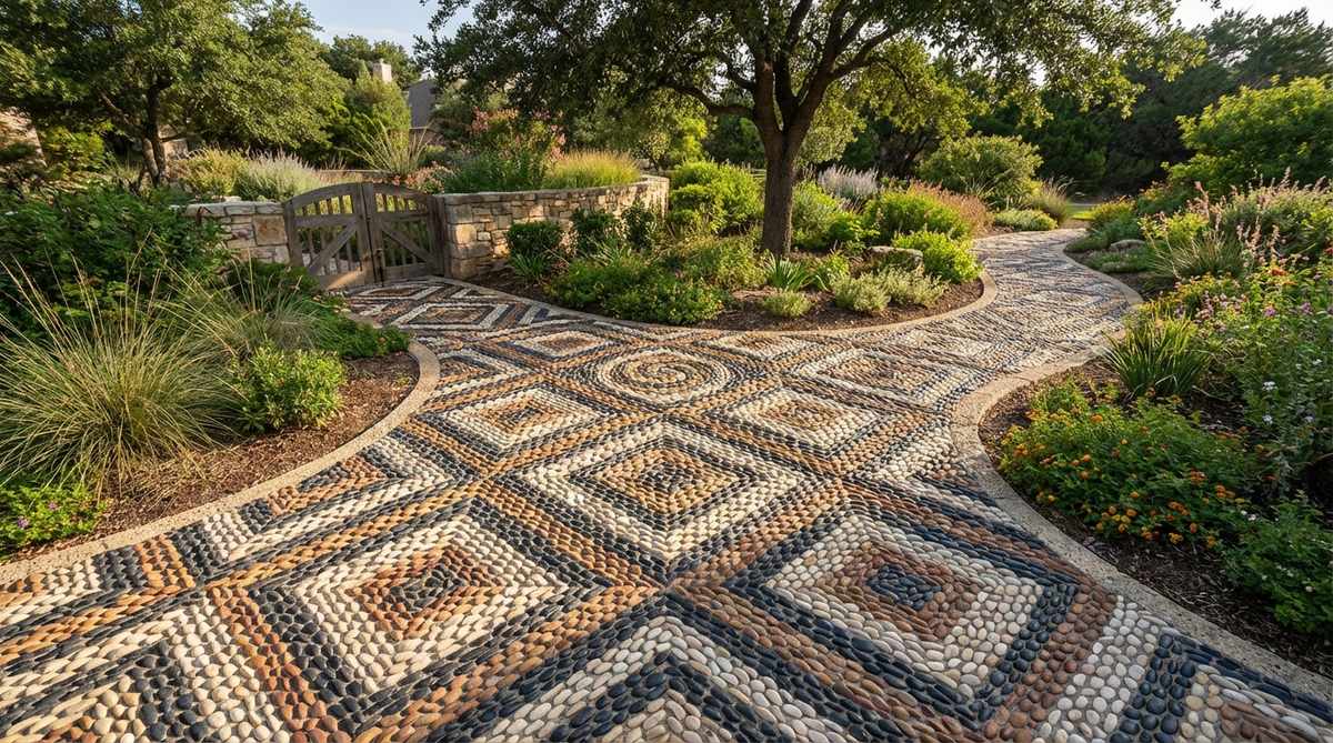 A decorative garden pathway made from small river pebbles arranged in geometric patterns with contrasting colors of black, white, tan, and rust, inspired by traditional Mediterranean courtyards. The pebbles are set vertically in mortar over a concrete base, creating a textured surface that functions as both art installation and sensory feature at garden entries or destination areas.