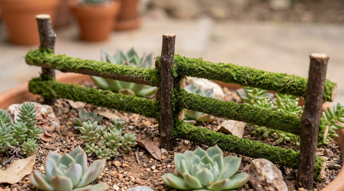 A close-up photo showing horizontal branches covered in preserved moss, arranged as miniature fence rails on small twig supports. The natural wood structure blends with the green moss coating to create a living fence that softens the linear design while coordinating with surrounding planted areas. Perfect for terrariums and succulent displays where low humidity is maintained.