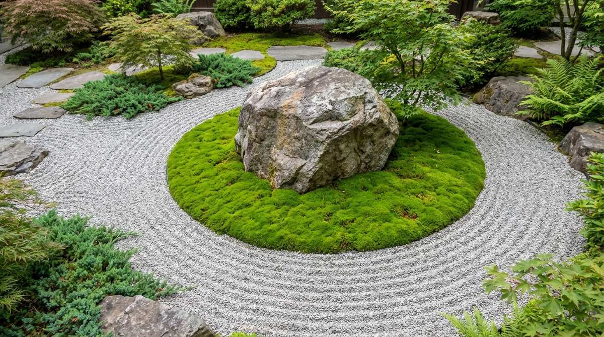 A central boulder surrounded by a perfect circle of moss in a Japanese stone garden, with gravel in outer areas. Features leucobryum neilgherrense moss for contrast, emphasizing the stone's sacred significance.