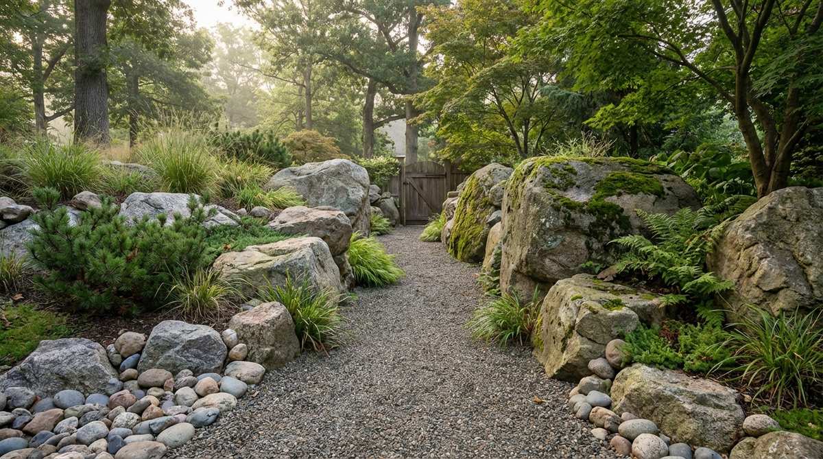 A narrow pathway lined with progressively larger boulders, creating a canyon-like passage in a zen garden, with small stones at the entrance building to 3-4 foot boulders at the midpoint, arranged at varying distances for an organic, natural feel to evoke a journey-like experience from outer world to inner sanctuary.