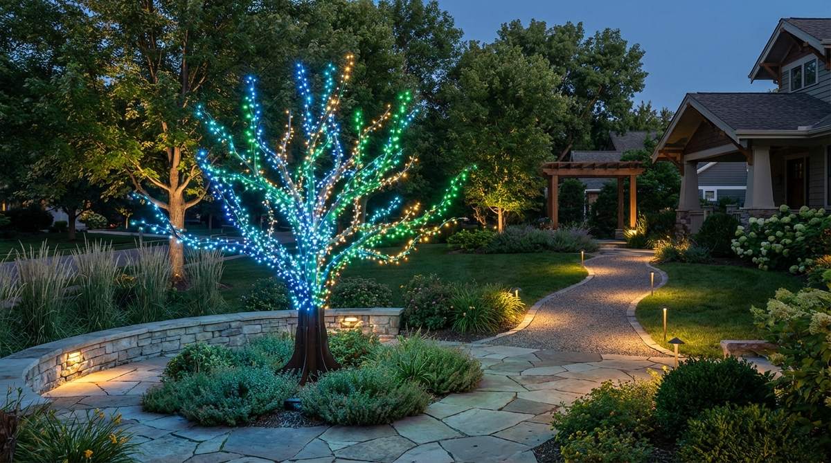 Dynamic LED light show with programmable multi-color patterns creating fading, chasing, and twinkling effects around an outdoor decor tree. The coordinated sequences guide visitors toward the tree as a focal point with varying pattern speeds adding movement and energy to the landscape.