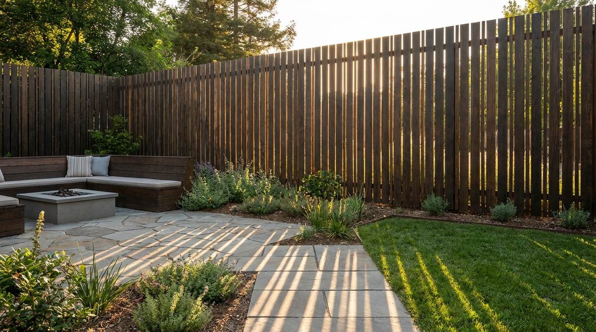 Modern garden fence with narrow half-inch gaps between vertical panels, providing privacy while allowing light filtration. Features contemporary design with reduced material costs and animated light/shadow effects throughout the day.