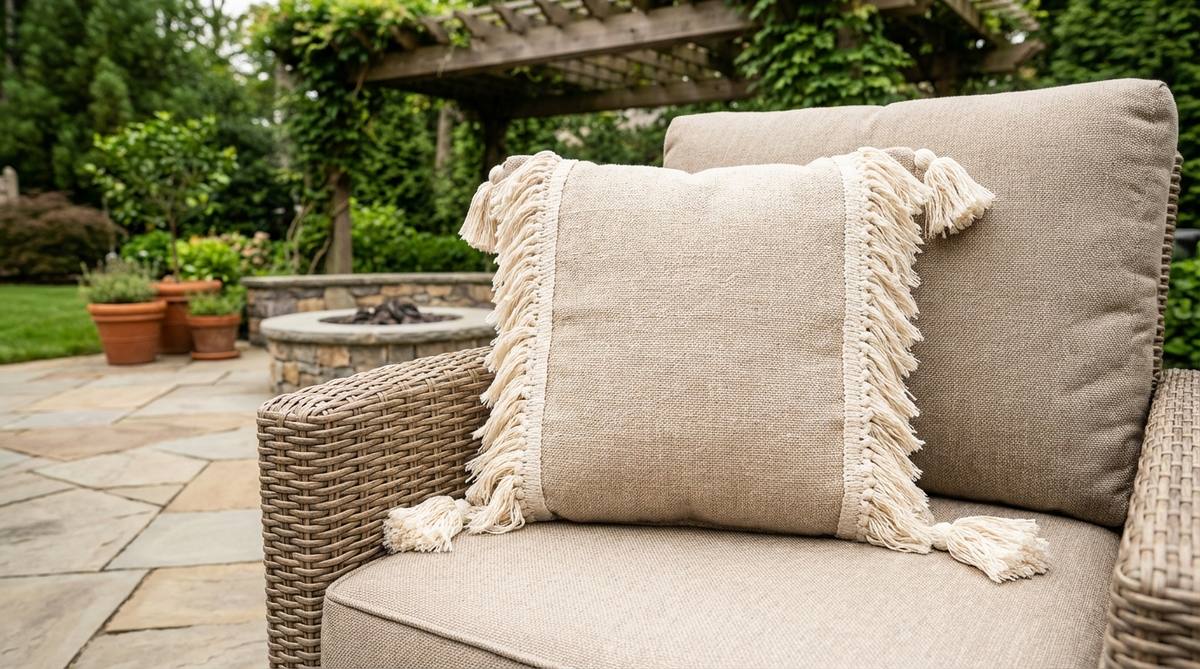 A neutral oatmeal-colored outdoor decor pillow with decorative fringe or tassel corners, adding bohemian softness to patios and outdoor spaces. Features polyester fringe that dries quickly and resists tangling.