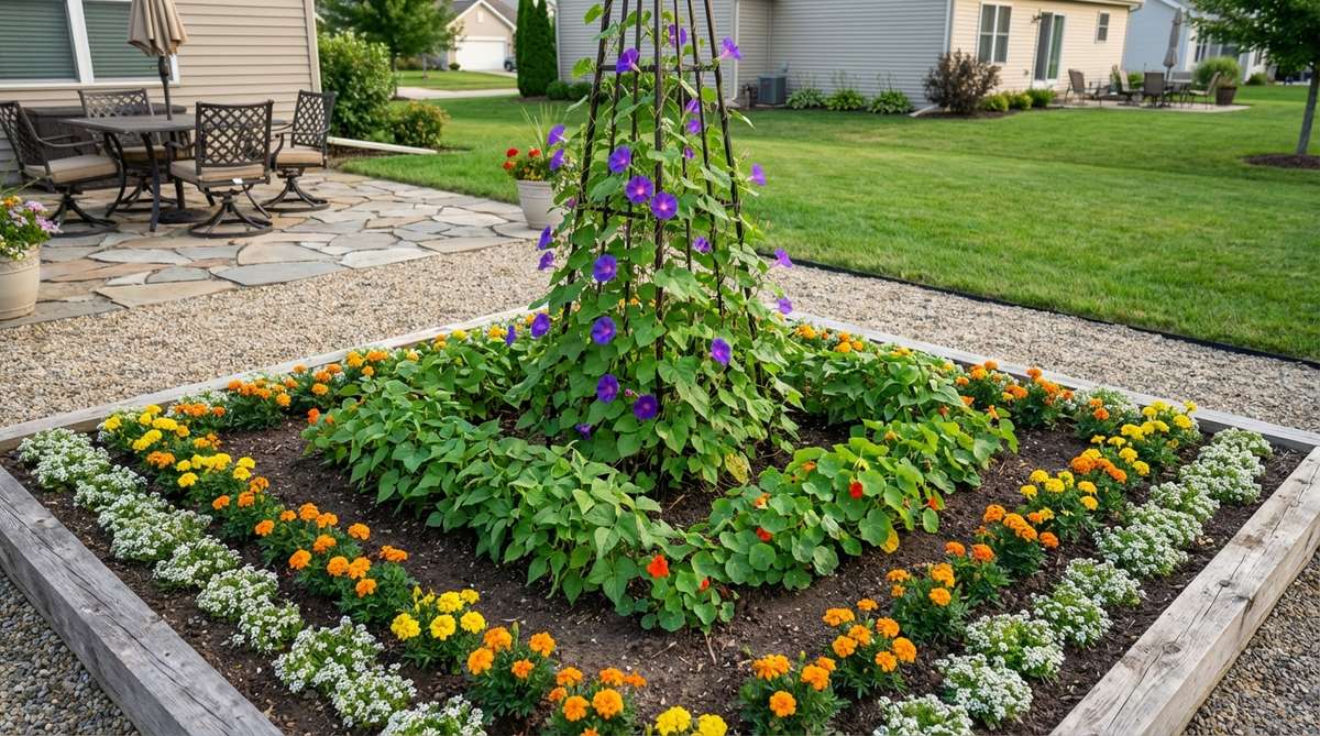 A contemporary garden bed featuring a tall metal obelisk at its center, surrounded by concentric squares of companion plants. Climbing vines like morning glories or pole beans are trained up the obelisk frame, creating a vertical focal point that balances the horizontal layout of the garden. The 4x4-foot square bed is designed to ensure all plants receive adequate light, with the shortest species planted at the outer edges.