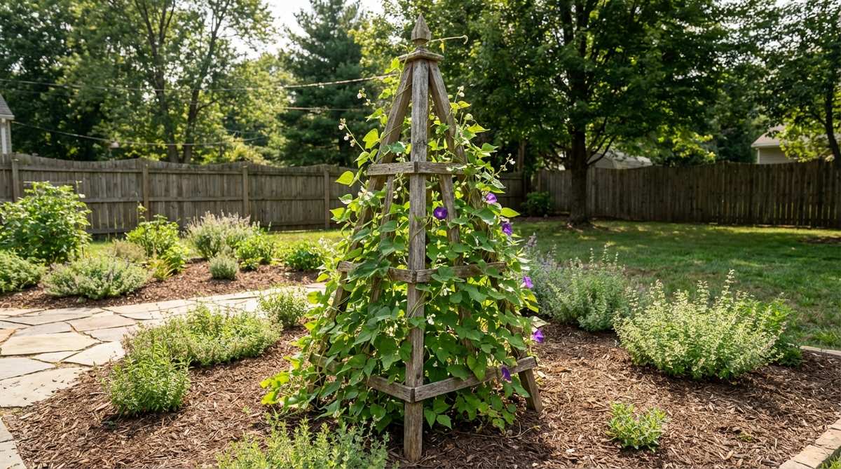 A four-sided pyramidal obelisk structure in a small garden bed, supporting climbing plants like pole beans or morning glories. The tapering geometry adds vertical interest while maintaining a narrow footprint, creating a living sculpture effect.