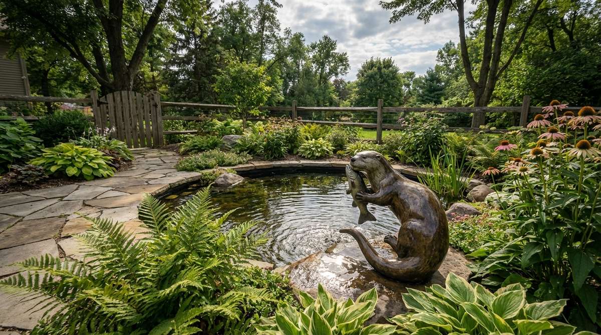 A stone sculpture depicting an otter grasping a fish, representing playful intelligence and predator-prey relationships in aquatic ecosystems. Carved from river rock or smooth granite with polished surfaces that catch light like water droplets, this dynamic sculpture energizes water gardens and provides educational opportunities about watershed ecology.