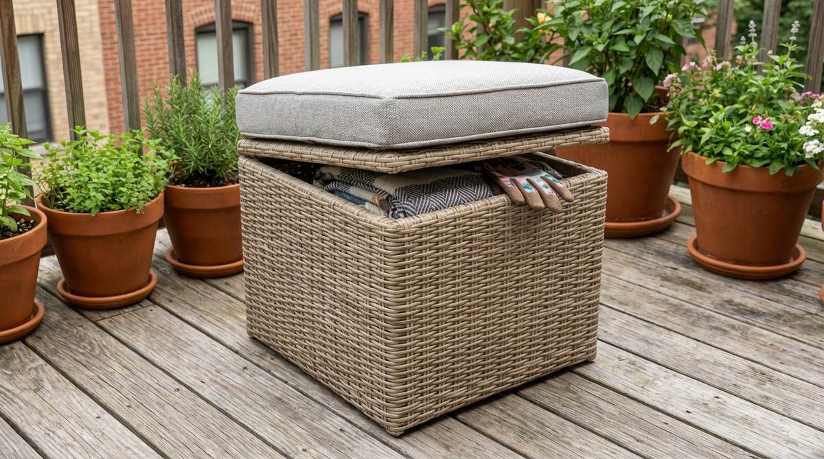 A compact 16x16 inch ottoman with a hidden compartment, perfect for urban balconies. Features weatherproof polyester cushions that resist fading and moisture, serving as a footrest, extra seating, or side table. Stackable design allows for easy off-season storage, with an internal volume of 2-4 cubic feet to hold items like throw blankets or outdoor supplies.