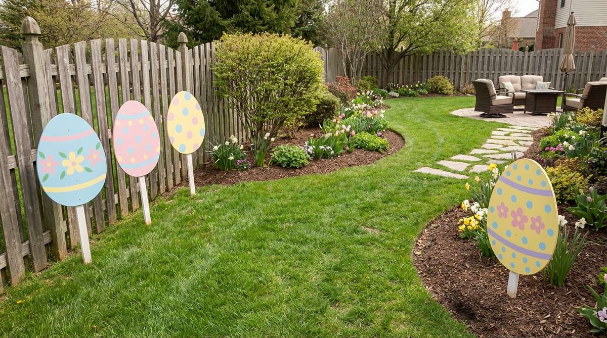 An image of oversized wooden egg yard art, featuring hand-painted pastel shades with decorative patterns like polka dots or floral motifs, mounted on stakes in a lawn or leaning against a fence for durable and scalable outdoor Easter decoration.