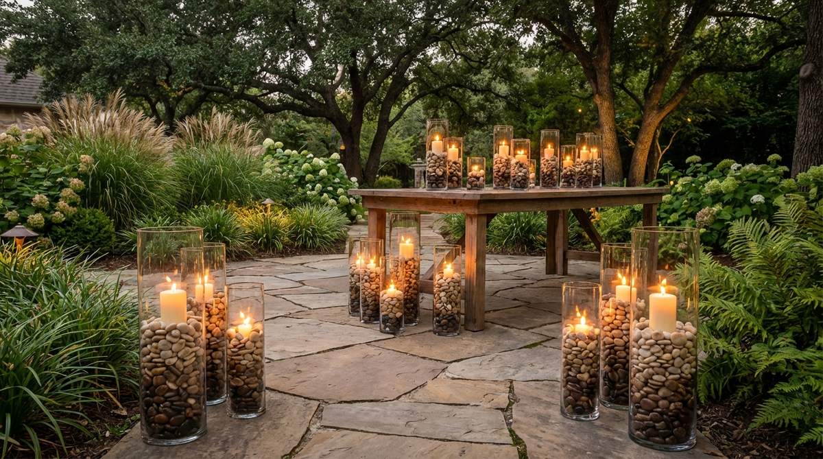 Glass cylinders filled with polished pebbles and pillar candles, creating textured lighting accents for tables and borders at a stone garden wedding. The stones stabilize the candles and reflect light, with graduated colors for an ombre effect.