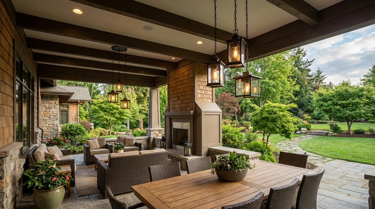 Weather-resistant pendant lights hung at varied heights create intimate zones on covered porches. Industrial or lantern styles complement architectural details, with dimmers allowing adjustment from bright task lighting to soft ambient glow for evening gatherings.