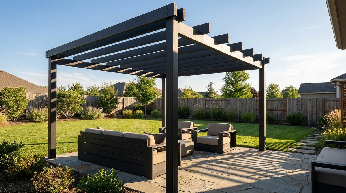 A minimalist garden pergola featuring widely spaced, clean beams that cast linear shadows without heavy coverage. The structure defines an outdoor room while maintaining openness, with beams painted in either white for brightness or black for dramatic effect, free of climbing plants to preserve architectural clarity.