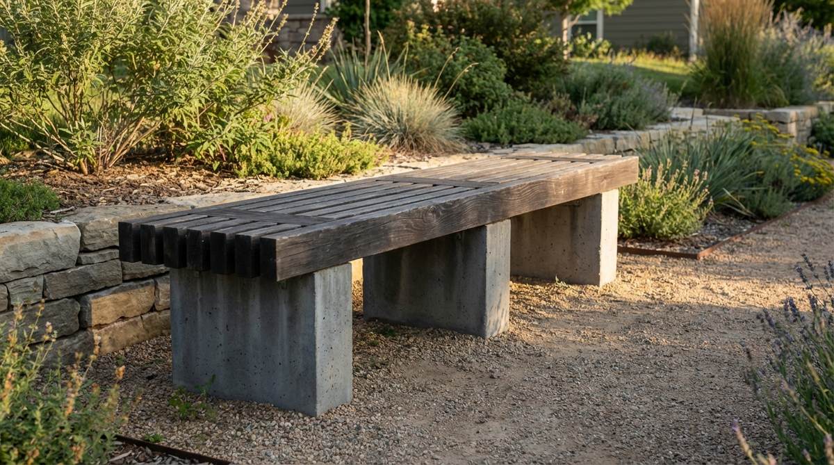 A modern garden bench with a perpendicular cross slat pattern, featuring wood slats running front-to-back for enhanced visual lines and water drainage, supported by three concrete legs.