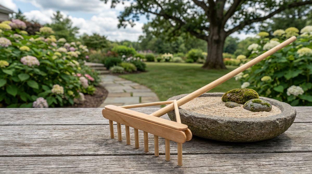 A handcrafted miniature rake made from popsicle sticks and wooden dowels, perfect for creating patterns in a zen garden sand tray. The DIY tool features customizable tines and a smooth sanded finish, with optional paint or stain to match decorative themes.