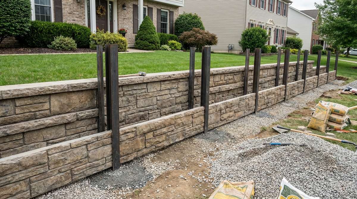 A professional installation of a precast concrete panel retaining wall system in a small garden setting, showing realistic stone-textured panels being slid between vertical posts on a compacted gravel base. The image illustrates the rapid installation process and finished appearance suitable for front-yard applications.