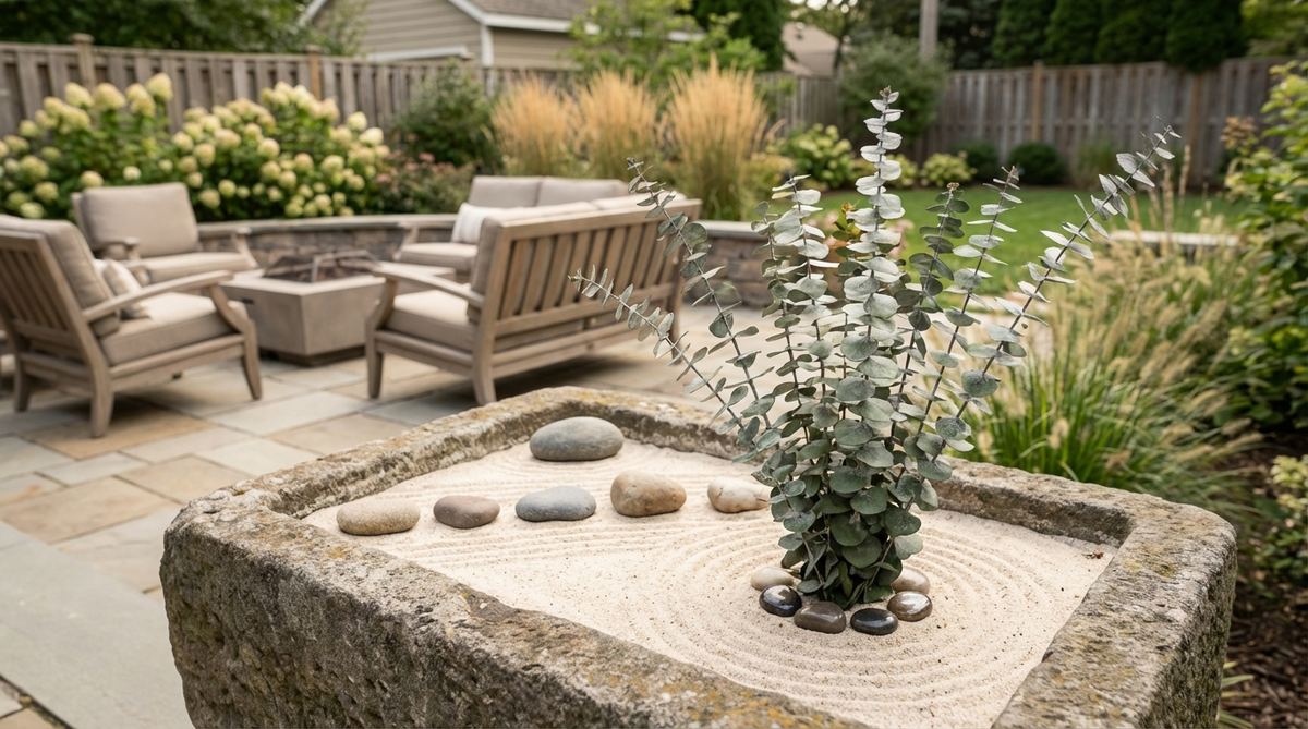 A preserved eucalyptus bundle with silvery-green foliage, adding height variation and subtle fragrance to a miniature zen garden. The dried branches maintain their appearance for months without maintenance, enhancing relaxation during meditation sessions.