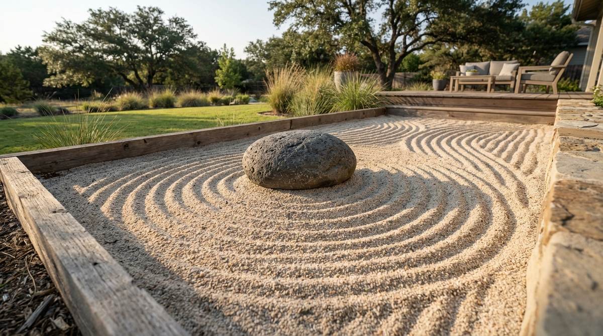 A close-up view of radiating fan pattern raked into zen garden sand, with lines spreading outward from a central focal point like an opening fan. The pattern emphasizes a significant rock or garden edge, creating expansive energy and visual drama in a corner viewing area.